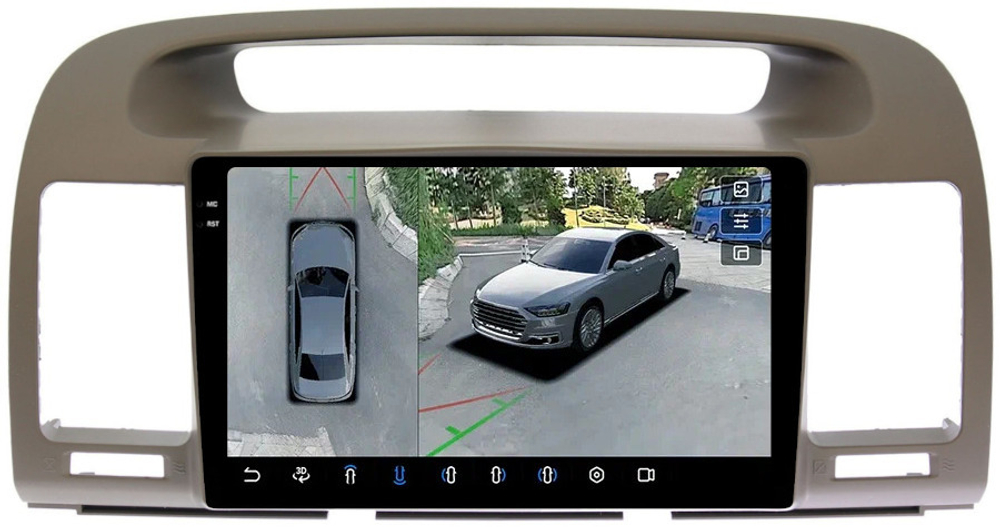 Магнитола Toyota Camry 30 2001-2006 (рамка оливковая) - FarCar BX9-360-8200L монитор 9.5" 2K QLED на Android 13, 6Гб+128Гб, CarPlay, 4G SIM-слот, 4 камеры в комплекте