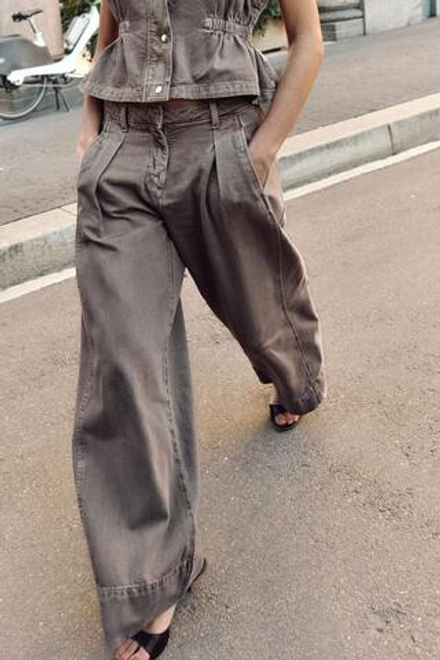 ZARA ДЖИНСЫ Z1975 WIDE LEG СО СРЕДНЕЙ ПОСАДКОЙ И ВЫТАЧКАМИ, КОРИЧНЕВЫЙ МЕЛАНЖ