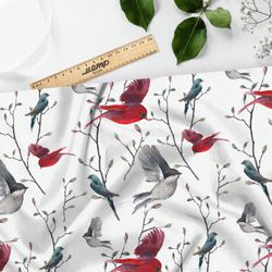 Ткань габардин зимние птицы