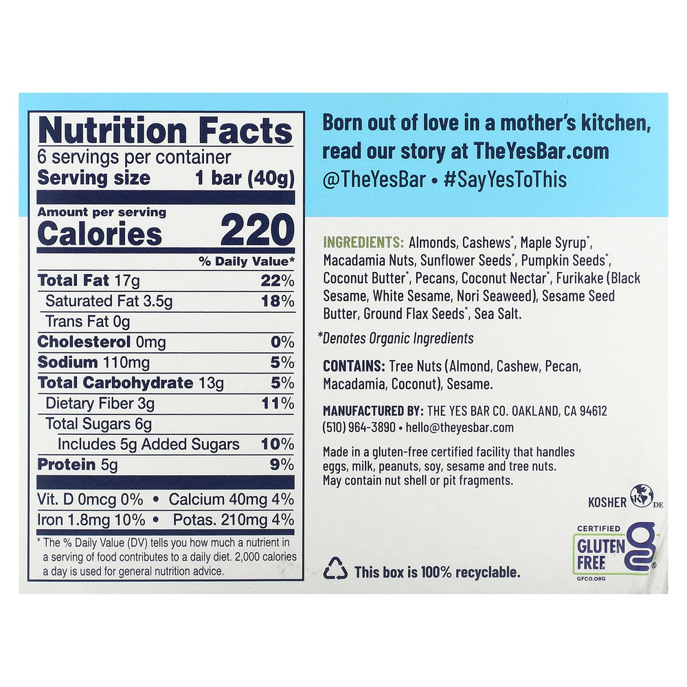 Yes Bar, Snack Bar, черная морская соль кунжута, 6 батончиков по 40 г (1,4 унции)