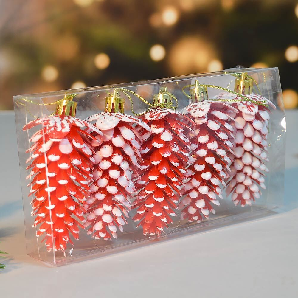 Елочные игрушки 5шт 9см "Шишка", красная с белой каймой