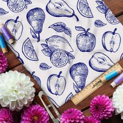 Ткань блэкаут нарисованные синей пастой фрукты