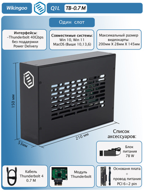 Внешний корпус Wikingoo Q1L PCIe 4.0 X 16. Thunderbolt 3/4.