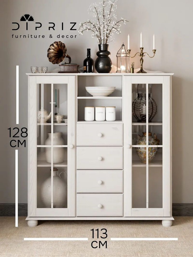 Шкаф витрина 113х32х128, Бритта, сервант, для посуды, двухдверный, белый, стеклянный, с полками, массив сосны, Dipriz