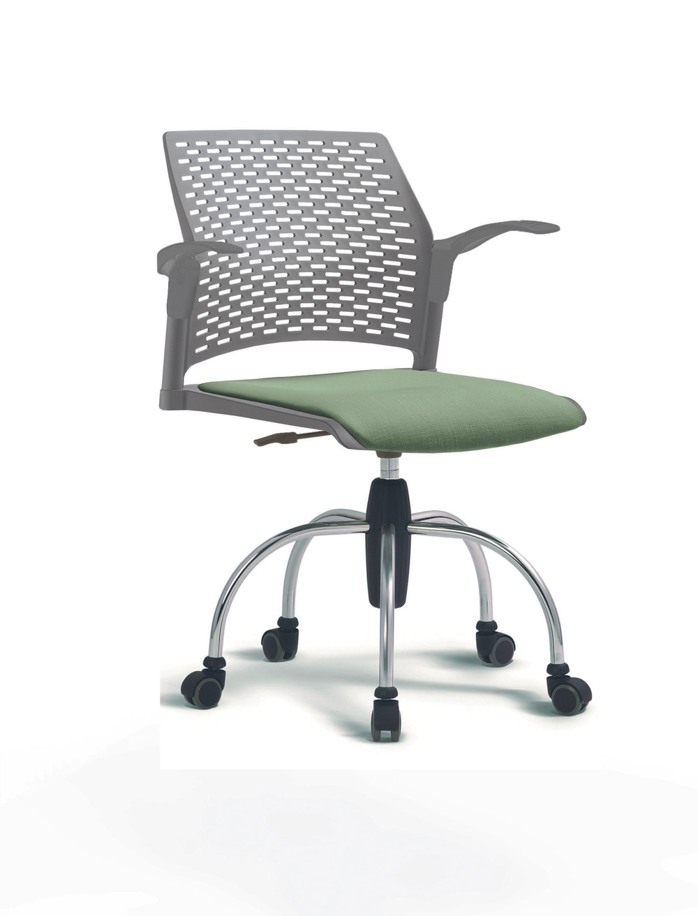 Кресло Rewind каркас хромированный, пластик серый, база паук хромированная, с открытыми подлокотниками, сиденье бледно-зеленое