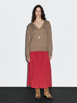 Massimo Dutti Вязаный свитер с длинными рукавами и V-образным вырезом, коричневый