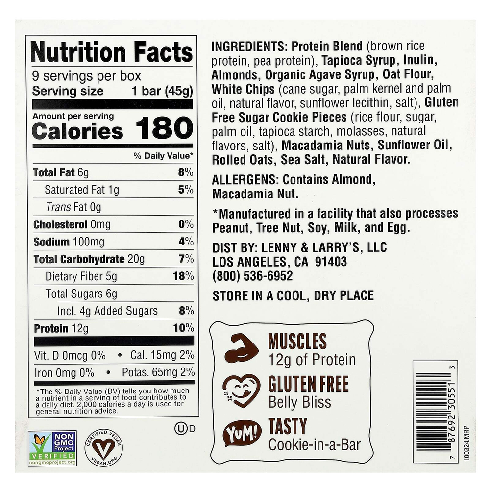 Lenny & Larry's, Cookie-Fied®, батончик с белой крошкой макадамии, 9 батончиков, 45 г (1,59 унции)