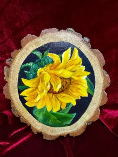 Подсолнух - картина маслом на срезе дуба с корой | Художница Ольга Ефимова