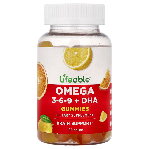 Lifeable, омега 3-6-9 и ДГК, со вкусом апельсина и лимона, 60 жевательных таблеток