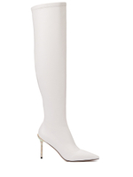 Женские белые ботфорты из кожи на молнии со стразами