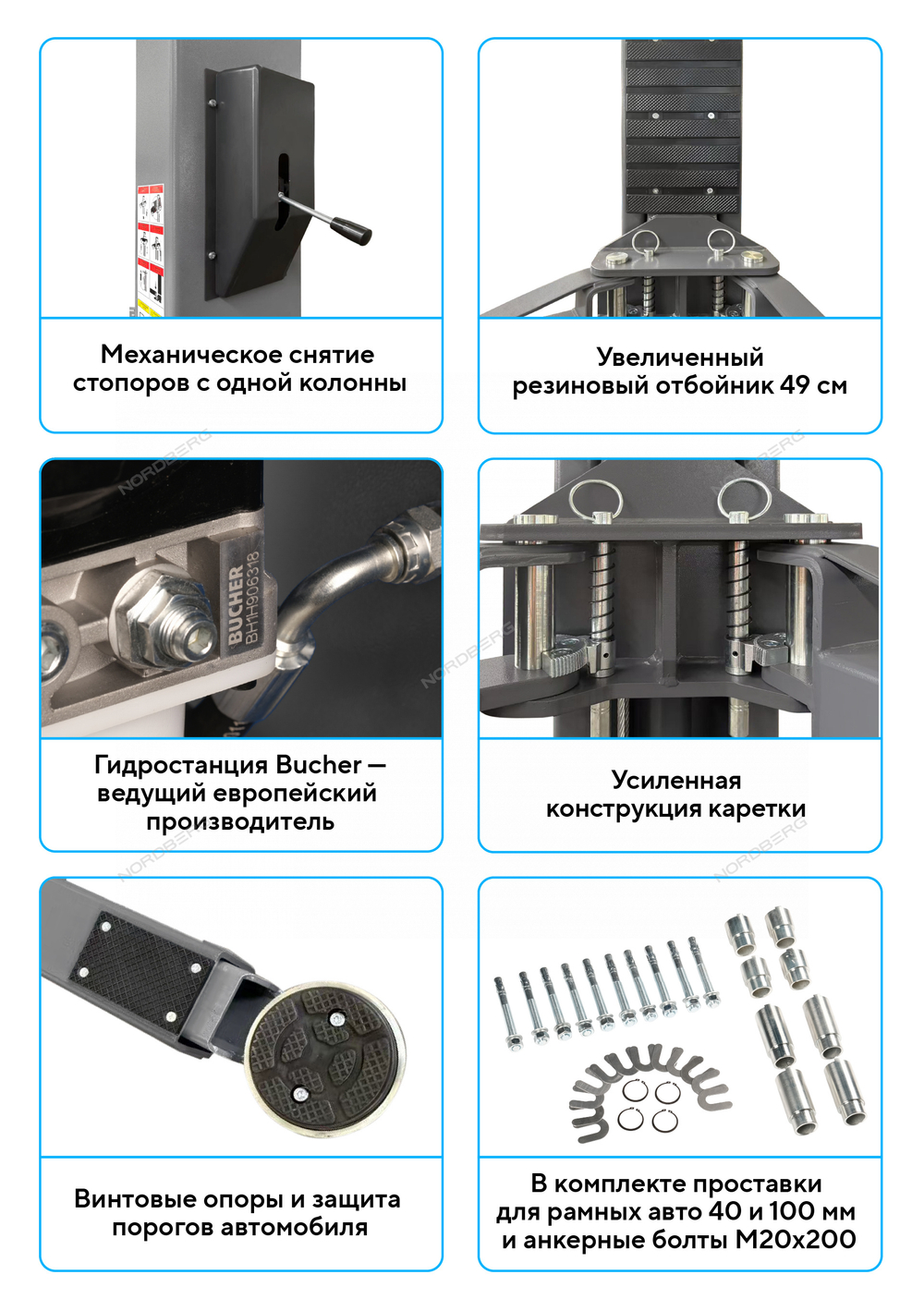 Подъемник двухстоечный 4 т, верхняя синхронизация, H=4,1 м, 220 В, серый NORDBERG N4124H1-4G_220