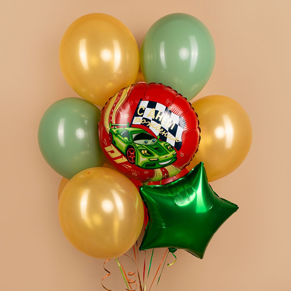 Шар (18''/46 см) Круг, С Днем Рождения (гоночная машинка), 1 шт. в уп.