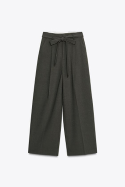 ZARA БРЮКИ СО СКЛАДКАМИ И ПОЯСОМ, СЕРО-СИНИЙ