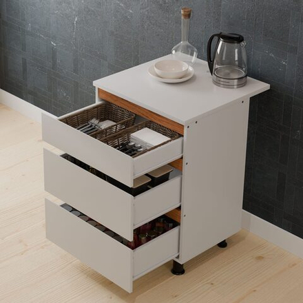 Кухонный модуль напольный 60 см Валенсия с 3-мя ящиками со столешницей, с дубовыми панелями, на ножках / белый, массив дуба