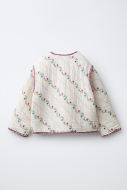 ZARA СТЕГАНАЯ КУРТКА С ВЫШИВКОЙ В ВИДЕ ЦВЕТОВ, ЭКРЮ