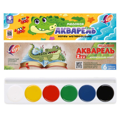 Акварель, 6 цветов, медовая, без кисточки, пластиковая коробка в картонном чехле, Луч, Zoo, 19С 1246-08