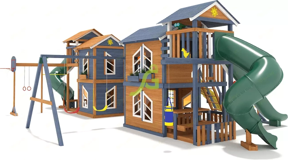 Детская деревянная площадка Домик с горками и качелями