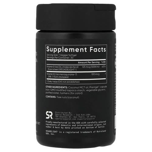 Sports Research, витамины D3 и K2, растительная добавка, 30 растительных капсул