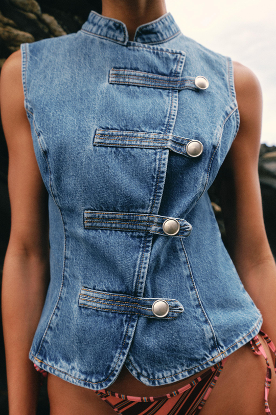 ZARA ДЖИНСОВЫЙ ТОП Z1975 С НАВЕСНЫМИ ПЕТЛЯМИ, ВЫЦВЕТШИЙ СИНИЙ