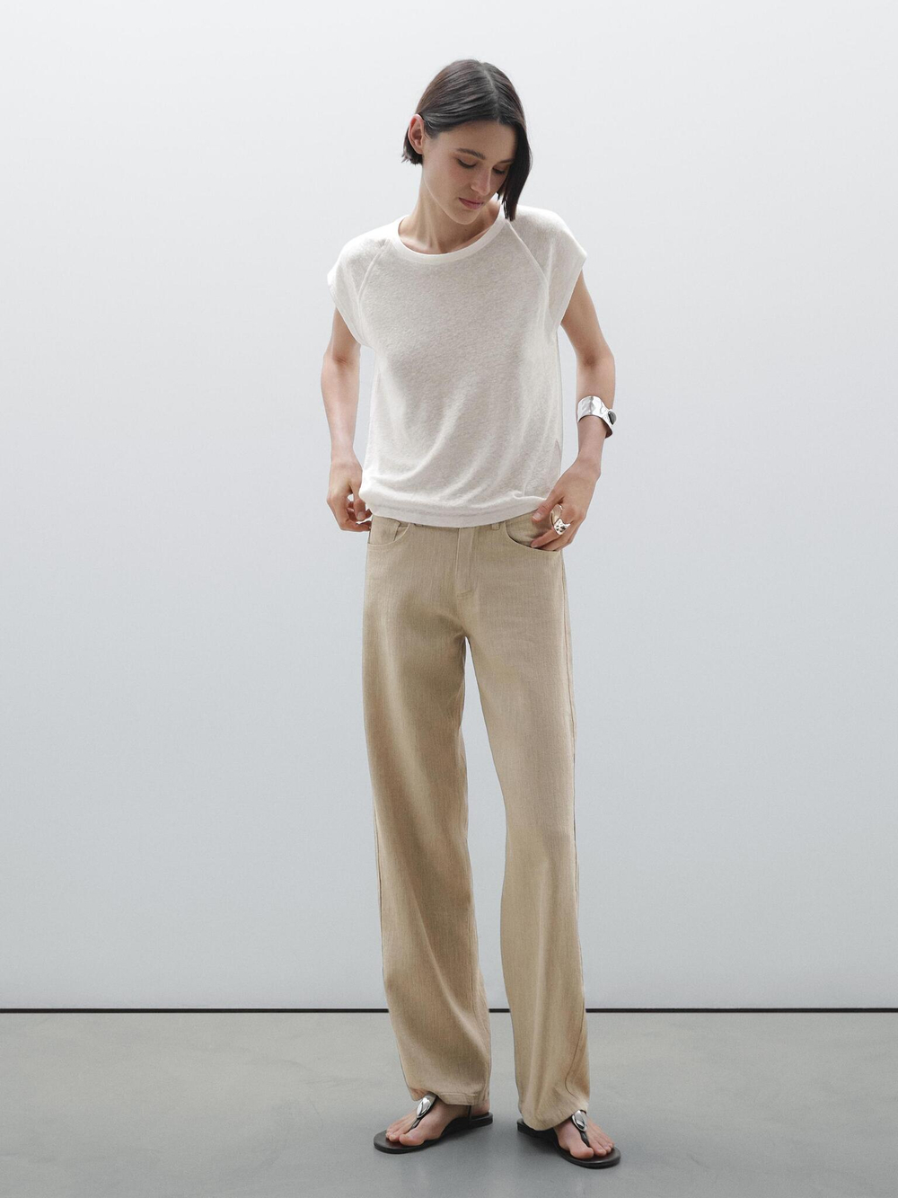 Massimo Dutti Брюки прямого кроя из смесового льна, песочный