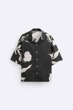 ZARA РУБАШКА ИЗ ТКАНИ С ЦВЕТОЧНЫМ ПРИНТОМ, ЧЕРНЫЙ