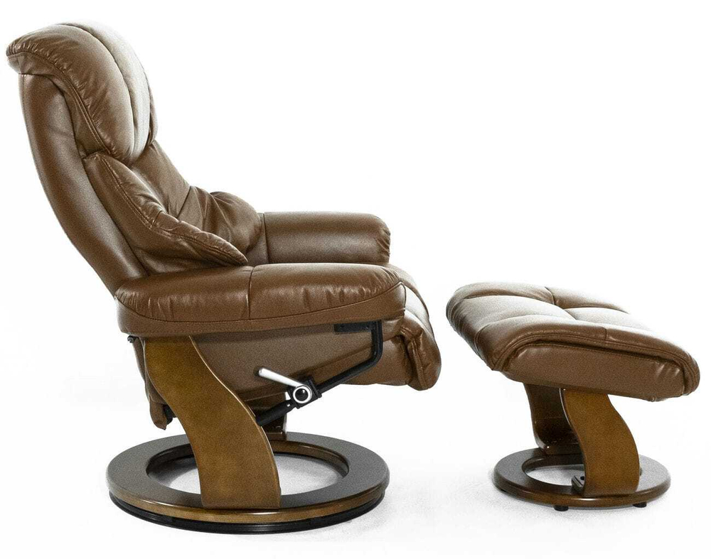 Кресло реклайнер с пуфом для ног Relax Lux 7438W, натуральная кожа коричневая (034), основание дерево темный орех (029)