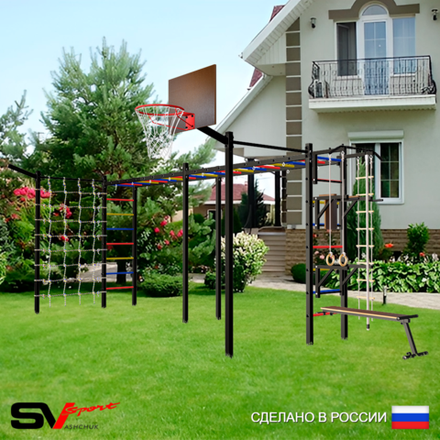 Уличная шведская стенка Sv Sport рукоход х 2 с комплектом турник прямой 2шт У51277К (Турник/Брусья/Стойка/Скамья/Щит баскет/Кронш бокс/Канат/кольца/лестница/Сетка)