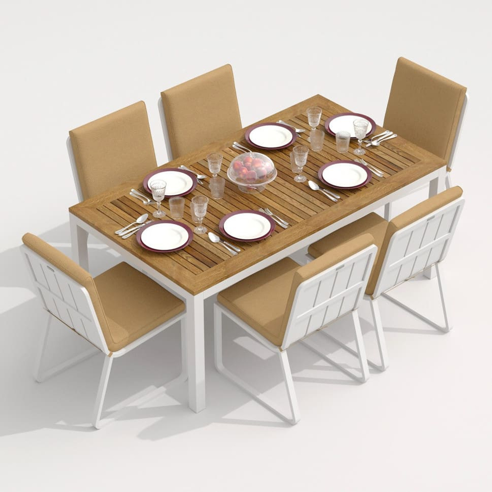 Обеденная группа Ideal Patio ТЕЛЛА  ГИРА  каркас белый, стол тик 180, ткань бежевая