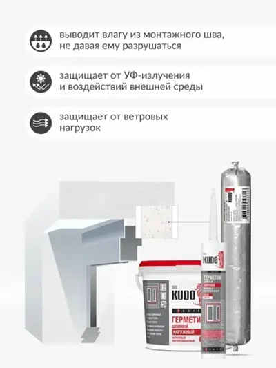 Герметик акриловый KUDO PROFF, наружный, паропроницаемый шовный, для монтажной пены при монтаже окон, SMP-351, 600 мл, белый