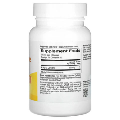 Super Nutrition, ацетил-L-карнитин, 500 мг, 60 растительных капсул