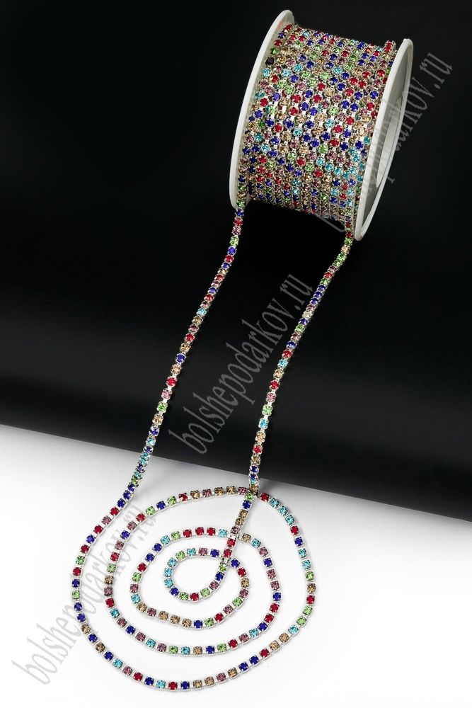 Цепь со стразами, ss12, ш. 3 мм, ассорти в серебряной оправе