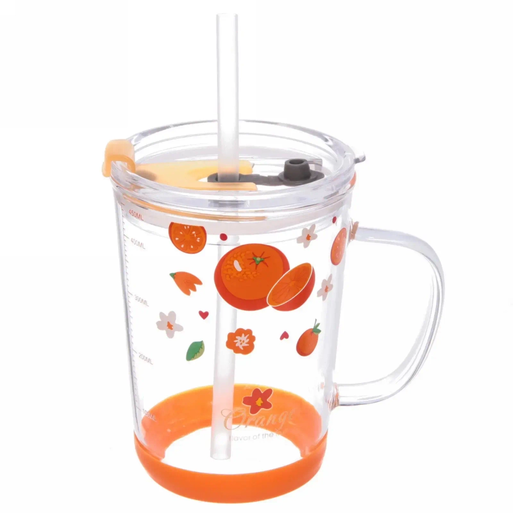 Кружка стеклянная 450мл с крышкой и трубочкой «Апельсин»