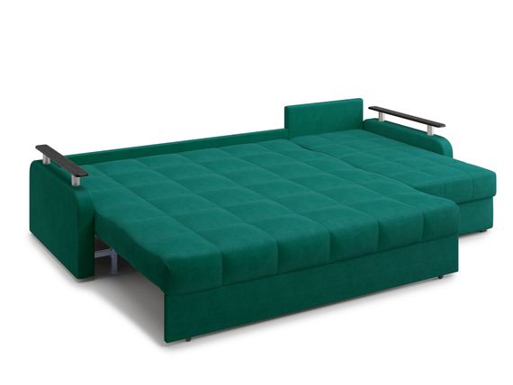 Диван угловой с оттоманкой Денвер 1,4 - Velutto 33 изумрудный/ коричневая накладка