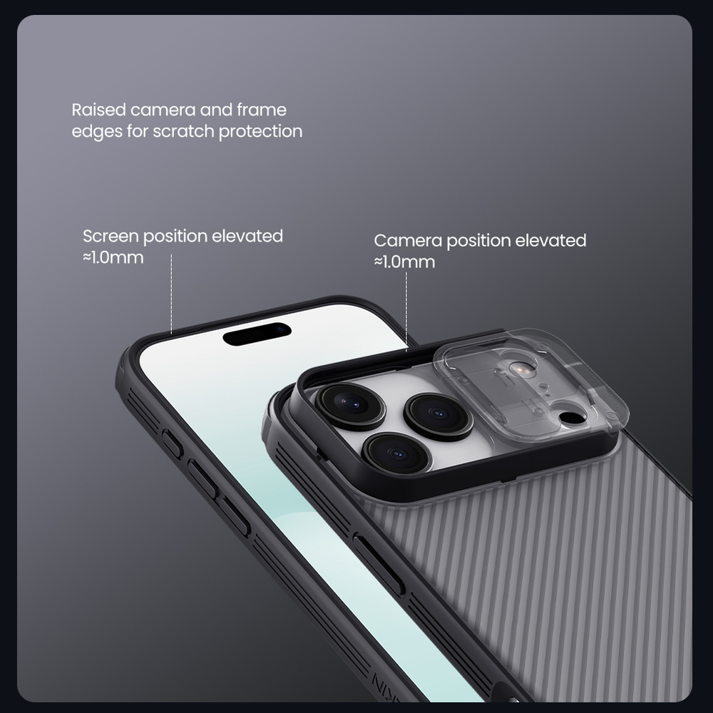 Чехол серого цвета (Transparent black) на iPhone 17 Pro Max, серия CamShield Pro (обновленная двойная защитная шторка для камеры) от Nillkin