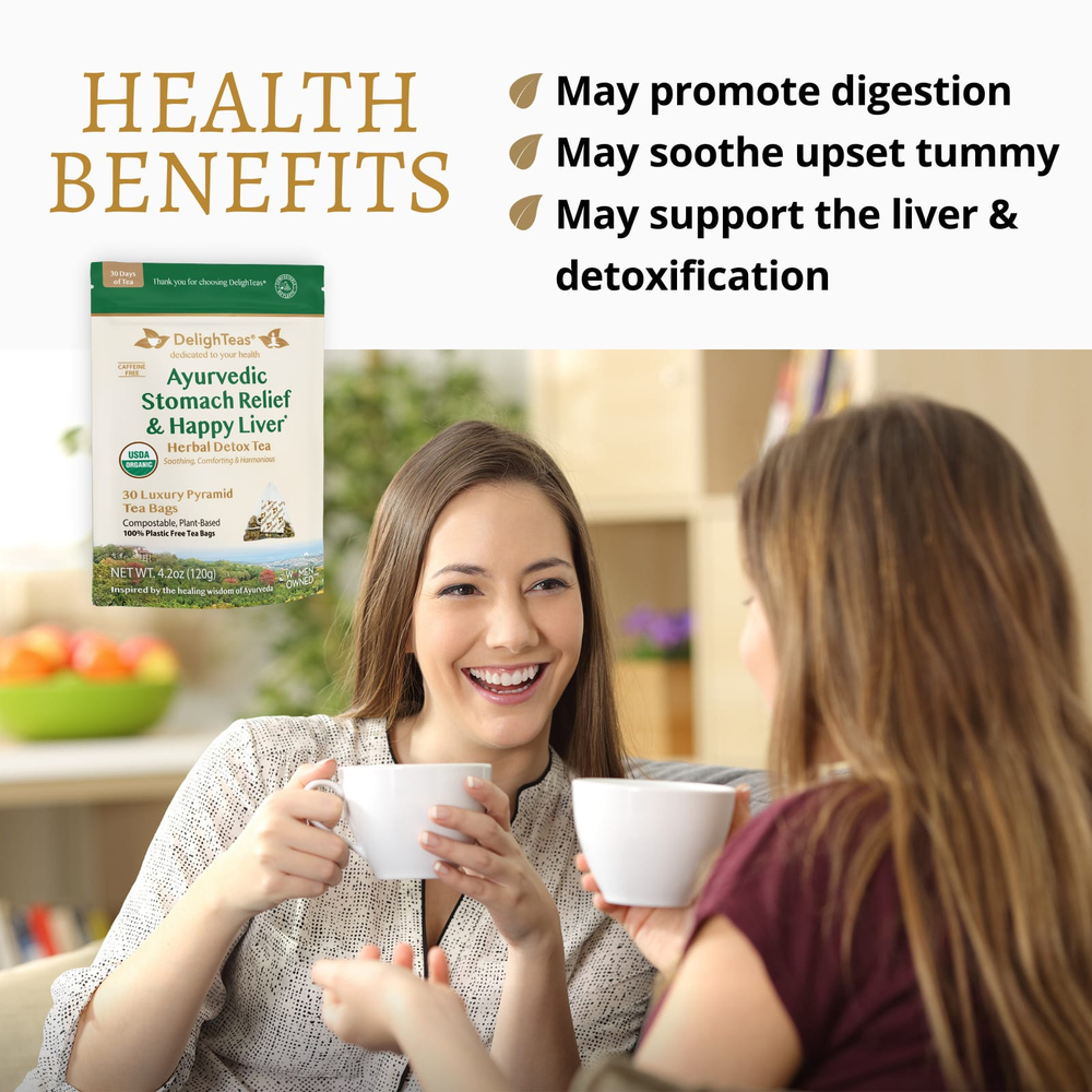 DelighTeas, Ayurvedic Stomach Relief & Happy Liver, травяной чай для выведения токсинов, без кофеина, 30 роскошных чайных пакетиков Pyramid, 120 г (4,2 унции)