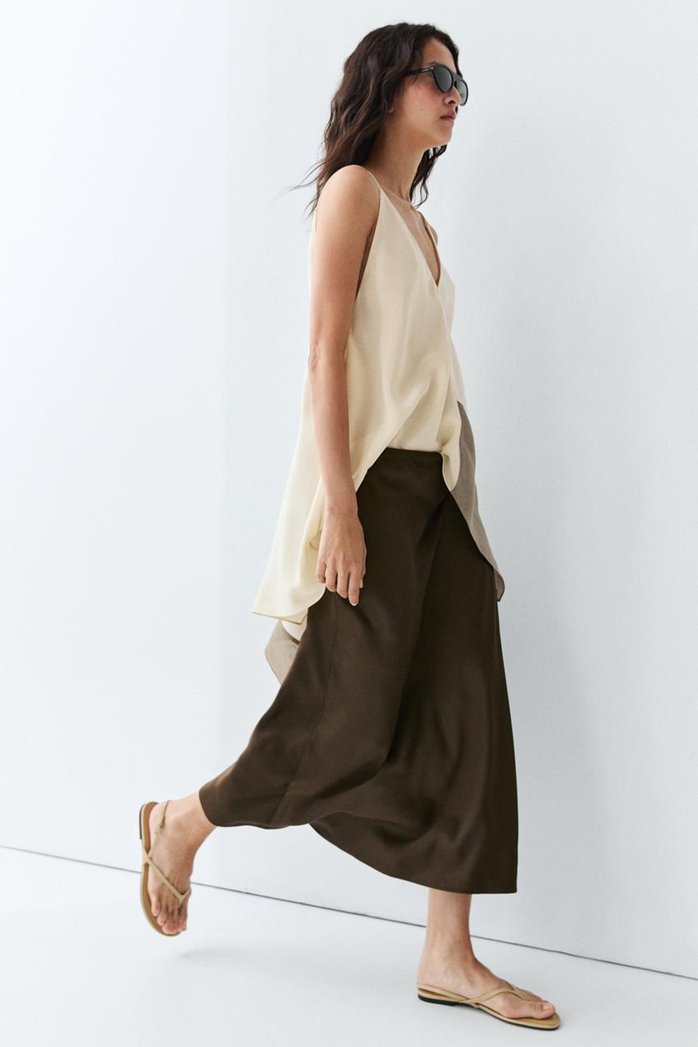 Massimo Dutti Струящаяся атласная юбка, коричневый