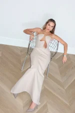 Платье макси из экокожи с металлической вставкой, Молочное