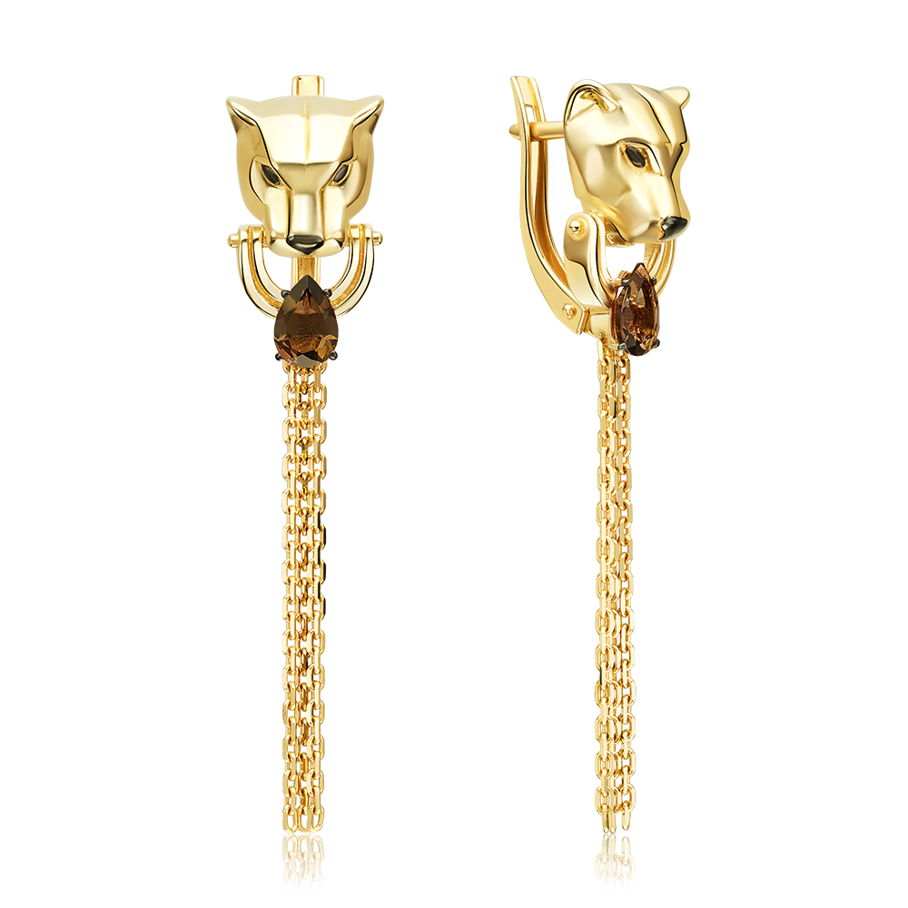 Серьги «Пантеры» с английским замком из лимонного золота с кварцем дымчатым