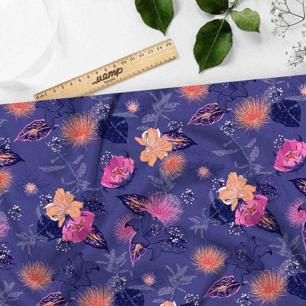 Ткань бифлекс розовые цветы на синем