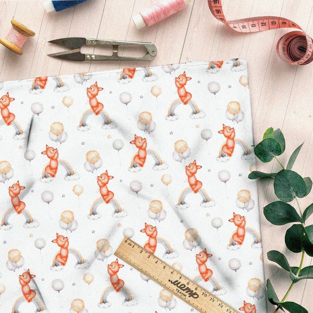 Ткань блэкаут лисята на радуге с шарами