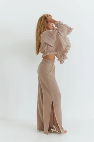 Блуза с широкими рукавами из жатого хлопка цвета какао