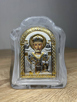 Николай Чудотворец, икона арочная, белое муранское стекло 65х85