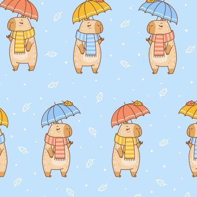 Осенние капибары под зонтом на голубом