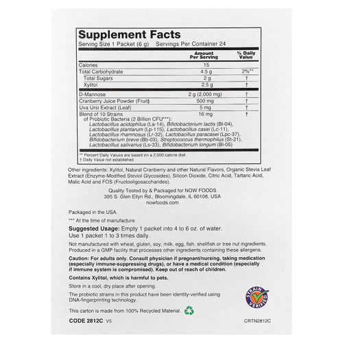 NOW Foods, клюква, манноза и пробиотики, для женщин, в компактной упаковке, 24 пакета по 6 г (0,21 унции) каждый