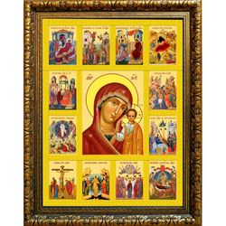 Казанская икона Божьей Матери с житием в большой раме.