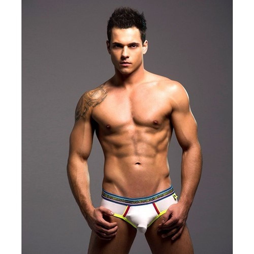 Мужские трусы брифы белые с желтой окантовкой Andrew Christian AC9646