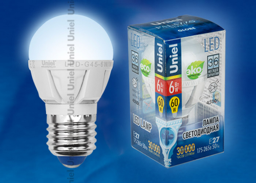 LED-G45-6W/NW/E27/FR ALP01WH Лампа светодиодная. Форма шар, матовая колба. Материал корпуса алюминий. Цвет свечения белый. Серия Palazzo. Упаковка п