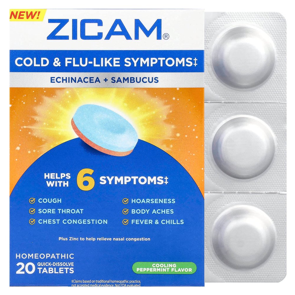 Zicam, Echinacea + Sambucus, охлаждающая перечная мята, 20 быстрорастворимых таблеток