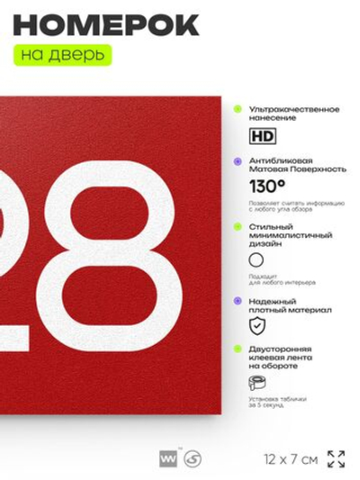 Номер на дверь 828, табличка на дверь для офиса, квартиры, кабинета, аудитории, склада, красная 120х70 мм, Айдентика Технолоджи