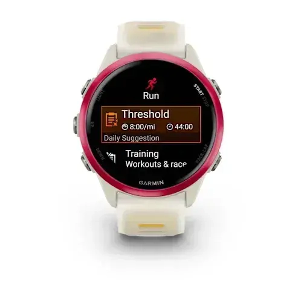 Умные часы Garmin Forerunner 570 - 42 мм Малиновый алюминий с полупрозрачным ремешком цвета слоновая кость/манго